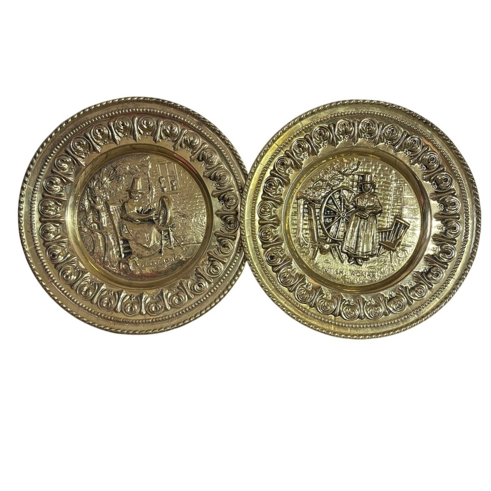 Jenny Jones & Welsh Woman Ornate Brass Decorative Wall‎ Plate Set Vintage Metal